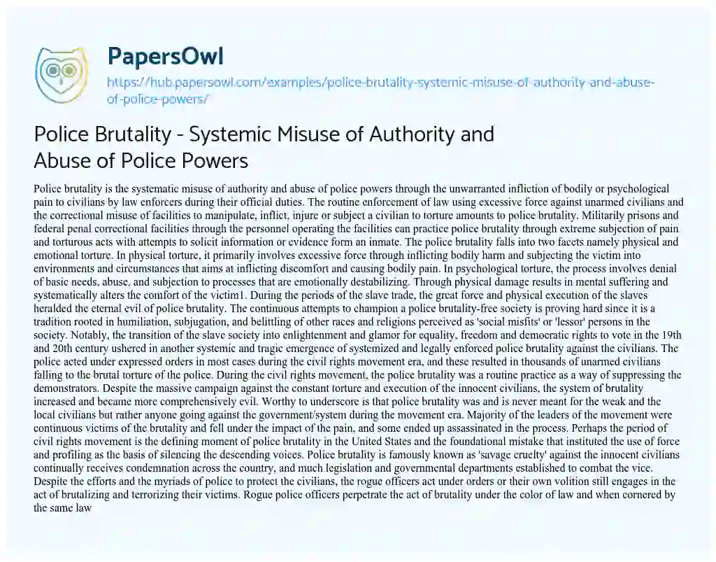 Essay on Police Brutality – Systemic Misuse of Authority and Abuse of Police Powers