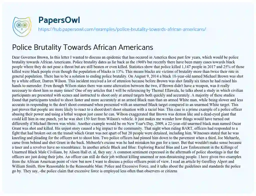 Essay on Police Brutality Towards African Americans