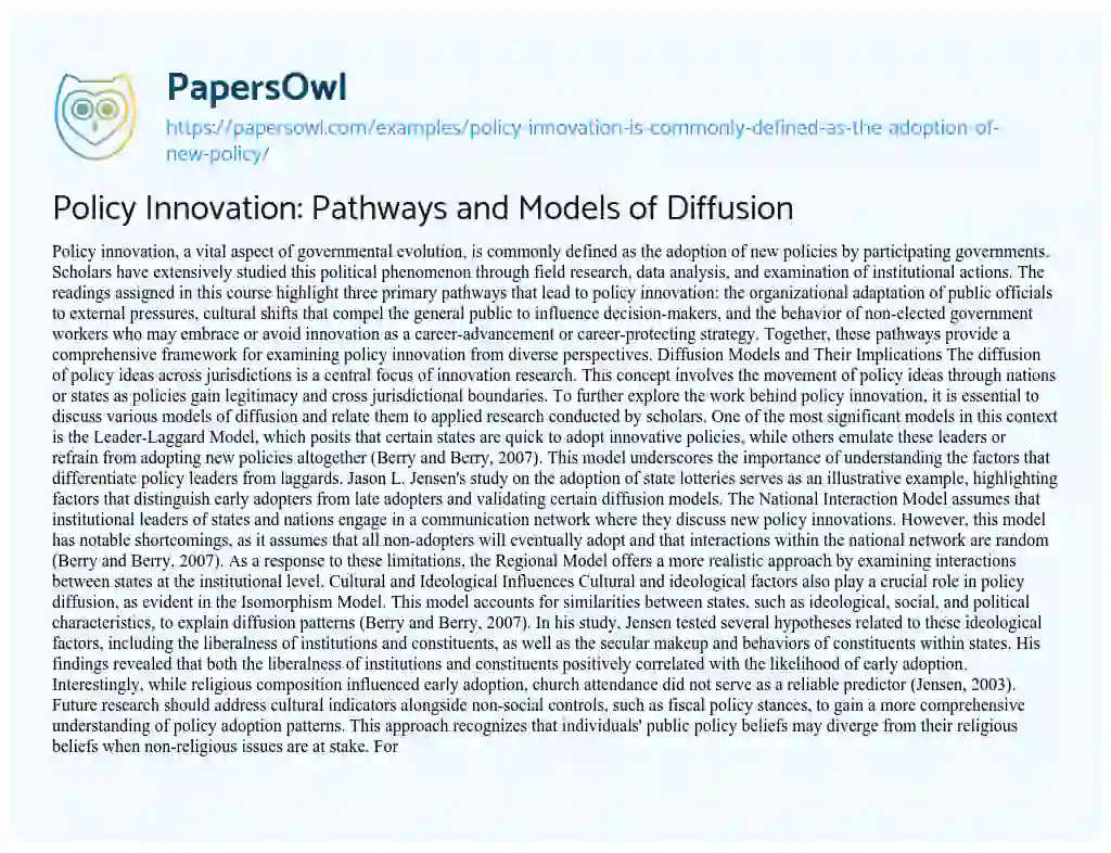 Essay on Policy Innovation: Pathways and Models of Diffusion