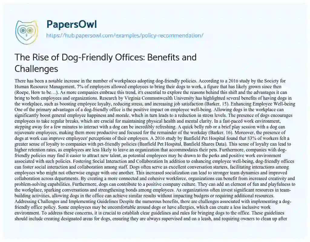 Essay on The Rise of Dog-Friendly Offices: Benefits and Challenges