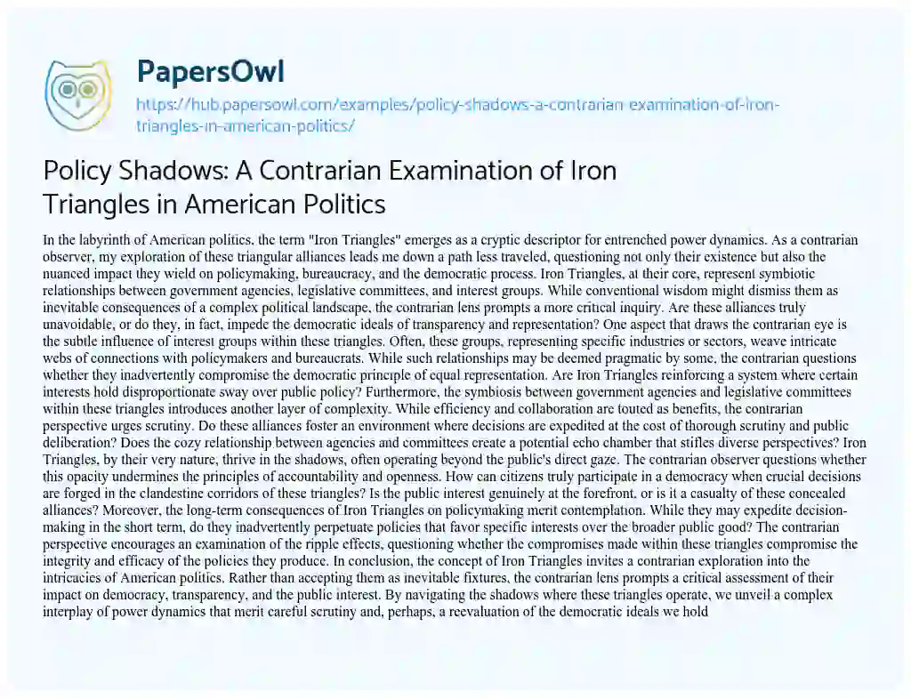 Essay on Policy Shadows: A Contrarian Examination of Iron Triangles in American Politics