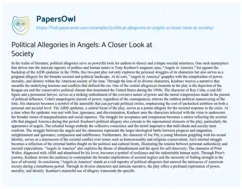 Essay on Political Allegories in Angels: A Closer Look at Society