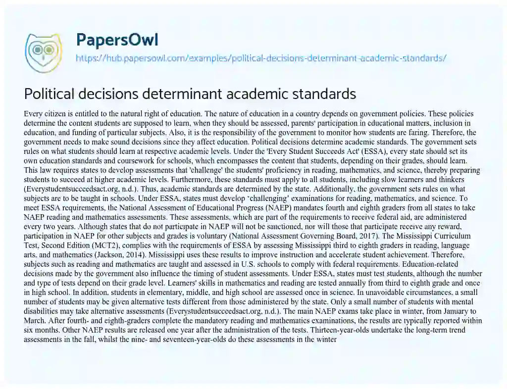 Essay on Political decisions determinant academic standards