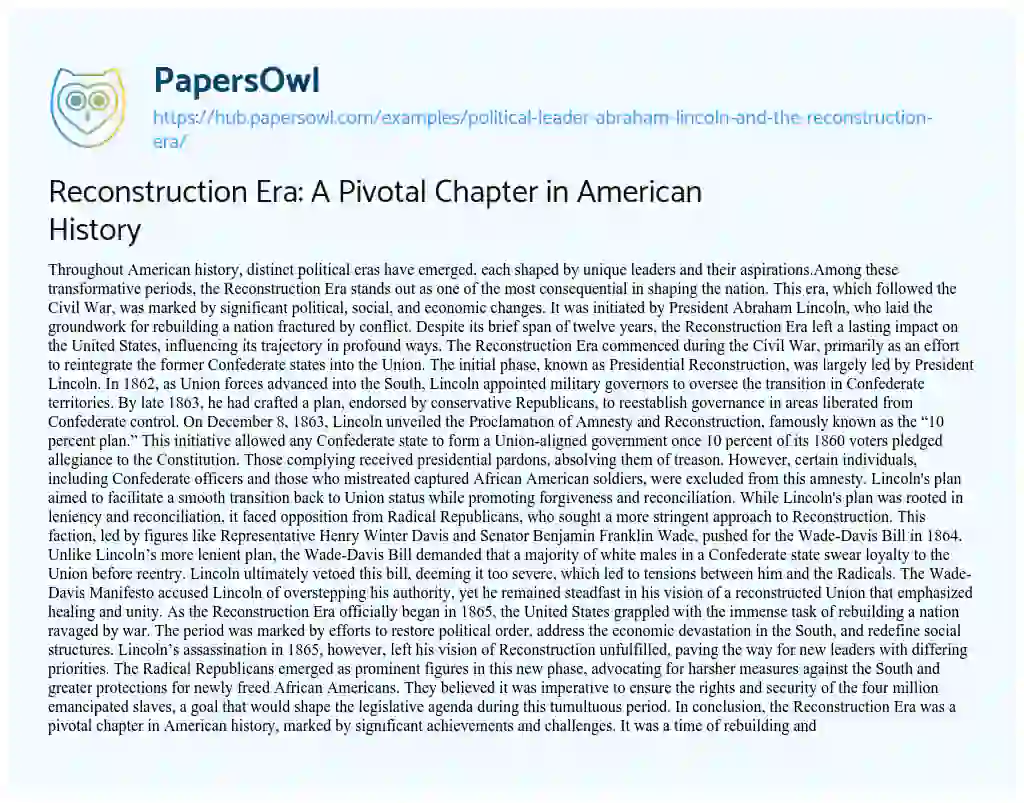 Essay on Reconstruction Era: A Pivotal Chapter in American History
