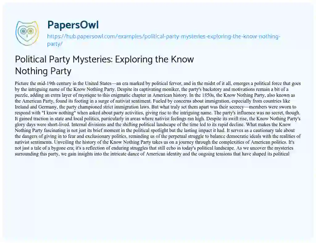 Essay on Political Party Mysteries: Exploring the Know Nothing Party