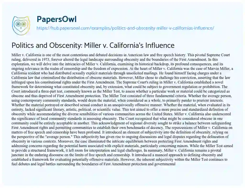 Essay on Politics and Obscenity: Miller v. California’s Influence