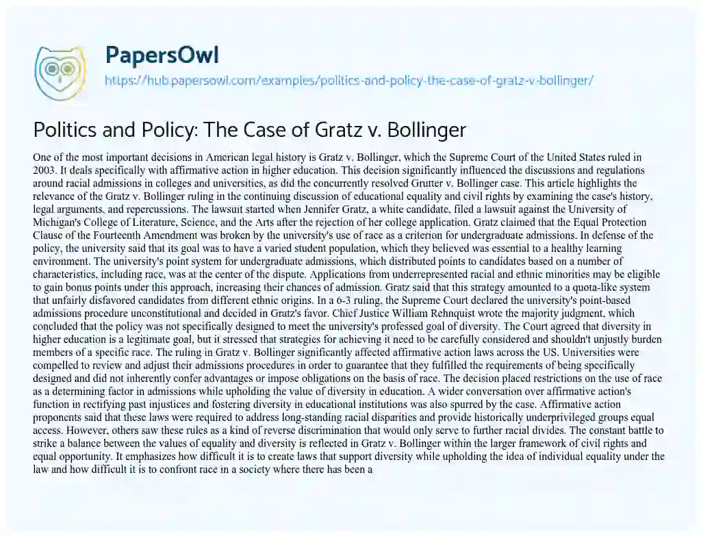 Essay on Politics and Policy: The Case of Gratz v. Bollinger