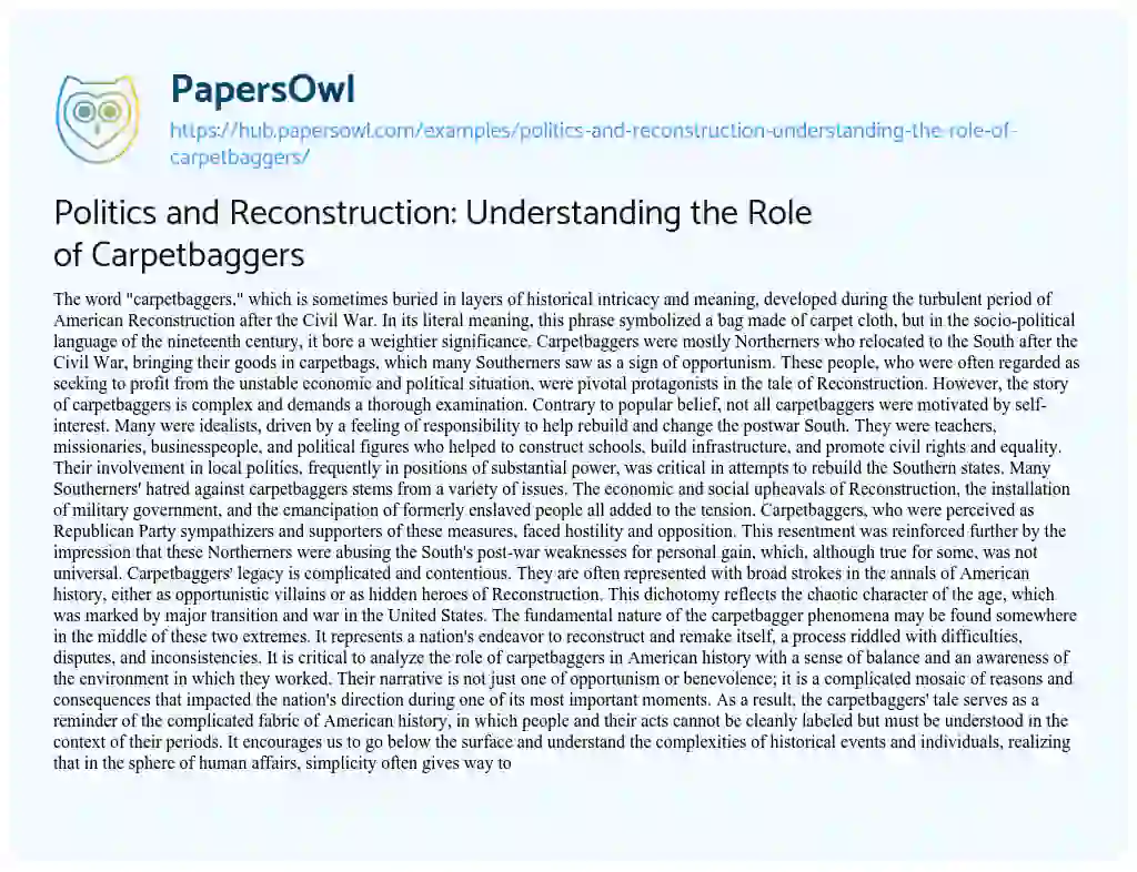 Essay on Politics and Reconstruction: Understanding the Role of Carpetbaggers