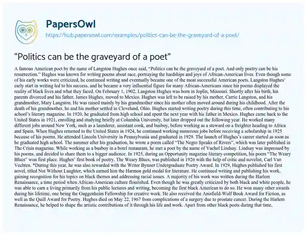 Essay on “Politics can be the graveyard of a poet”