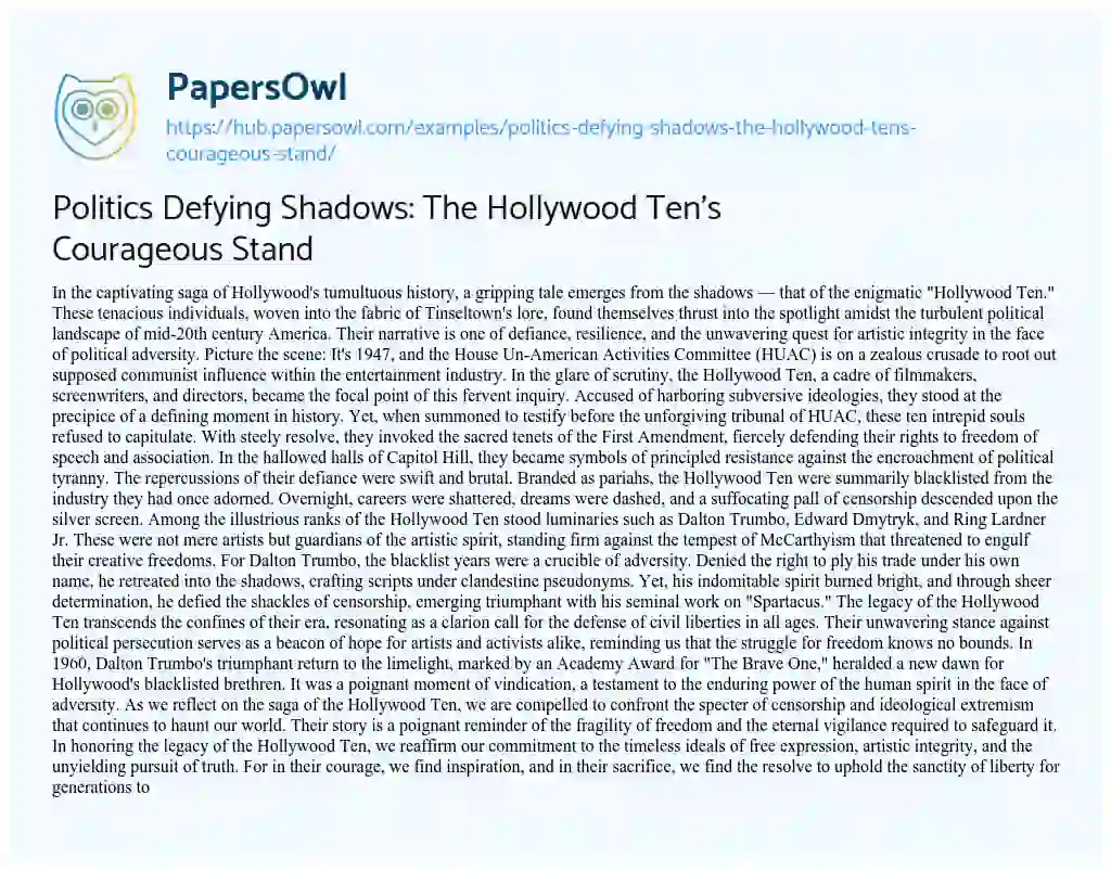 Essay on Politics Defying Shadows: The Hollywood Ten’s Courageous Stand
