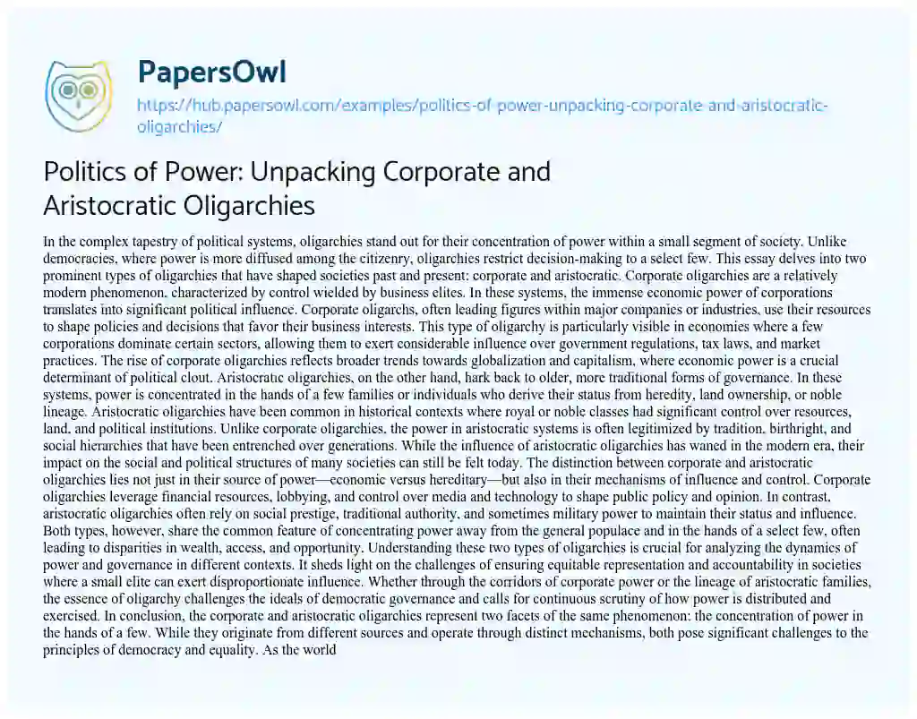 Essay on Politics of Power: Unpacking Corporate and Aristocratic Oligarchies