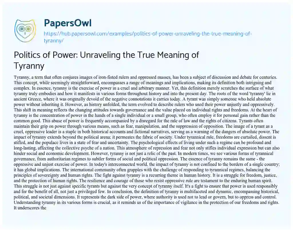Essay on Politics of Power: Unraveling the True Meaning of Tyranny