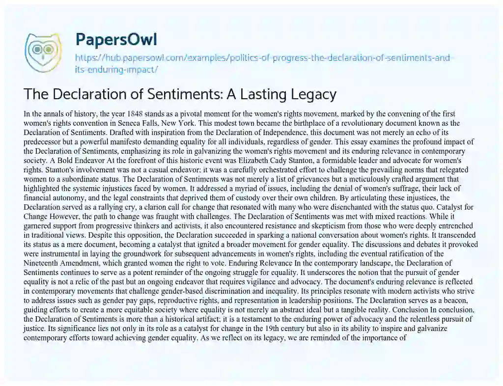 Essay on The Declaration of Sentiments: A Lasting Legacy