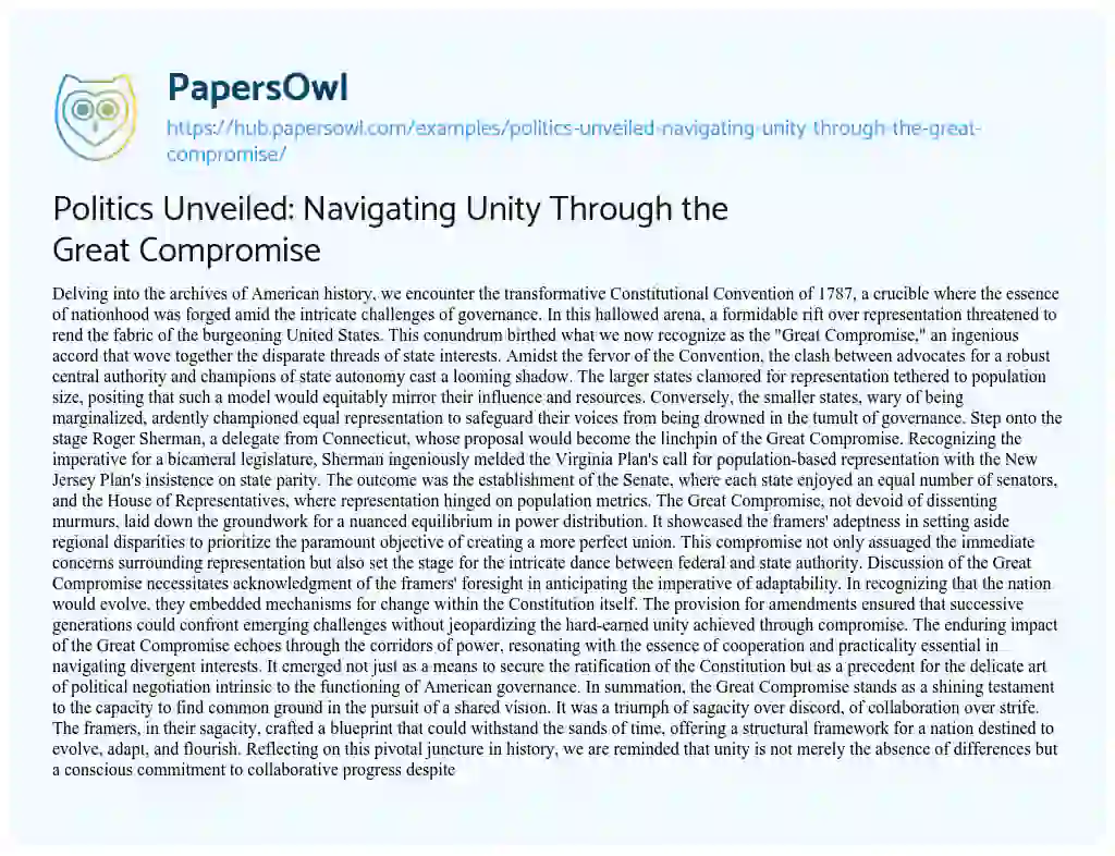 Essay on Politics Unveiled: Navigating Unity Through the Great Compromise