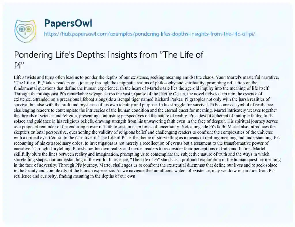 Essay on Pondering Life’s Depths: Insights from “The Life of Pi”