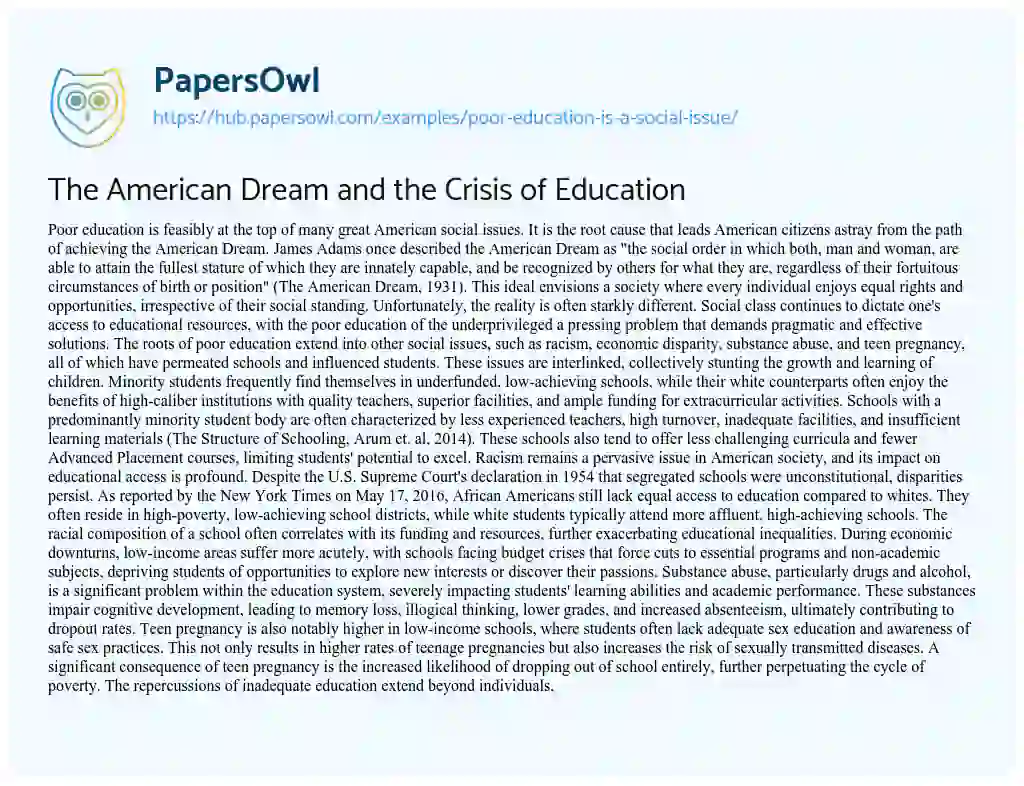 Essay on The American Dream and the Crisis of Education