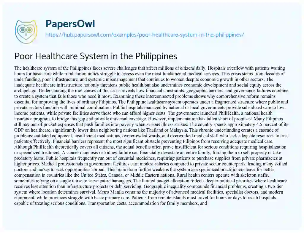 Essay on Poor Healthcare System in the Philippines