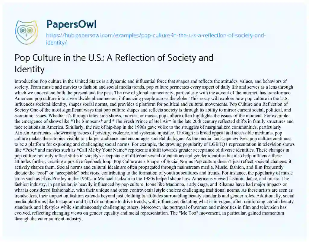 Essay on Pop Culture in the U.S.: A Reflection of Society and Identity