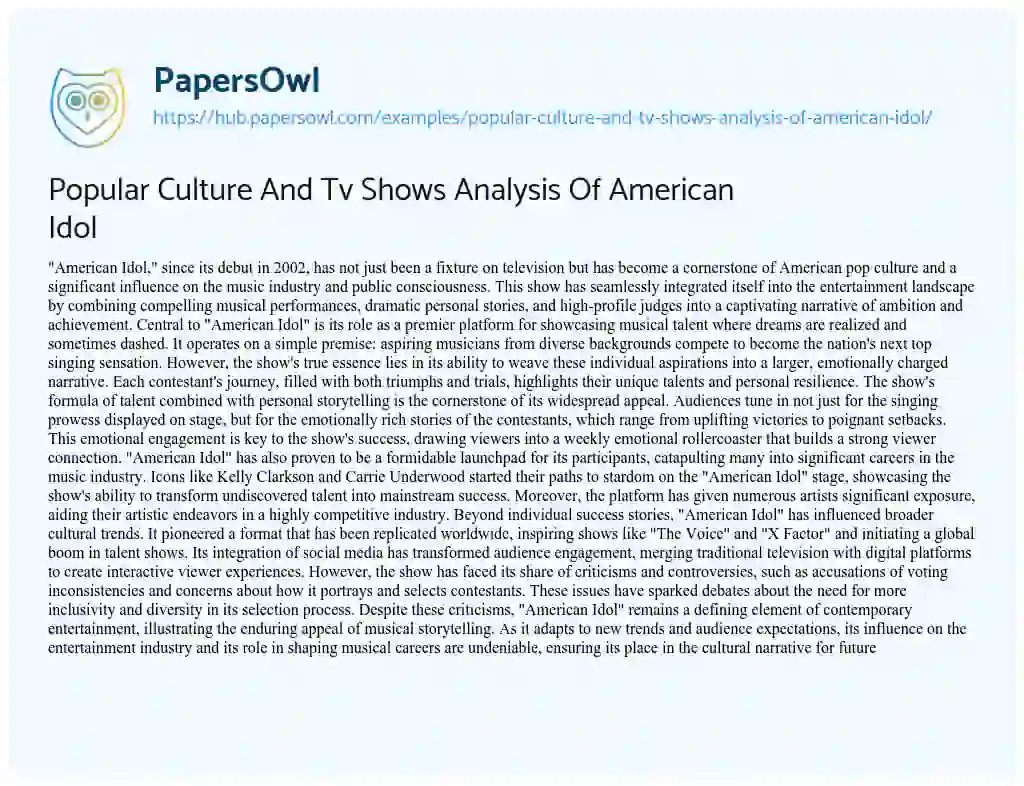 Essay on Popular Culture And Tv Shows Analysis Of American Idol