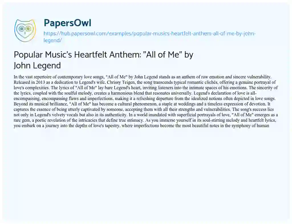 Essay on Popular Music’s Heartfelt Anthem: “All of Me” by John Legend