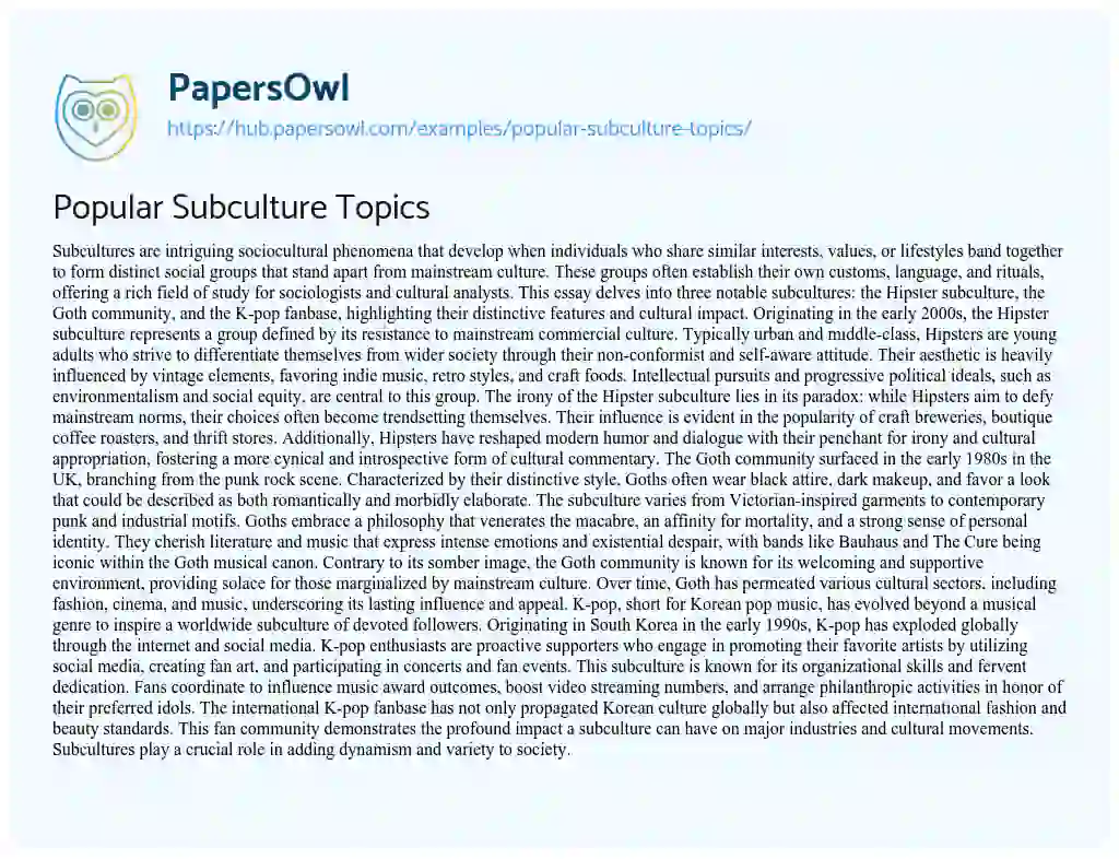 Essay on Popular Subculture Topics
