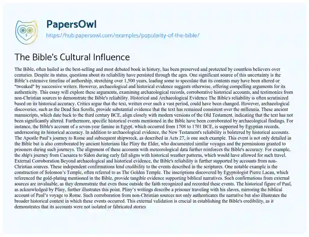Essay on The Bible’s Cultural Influence