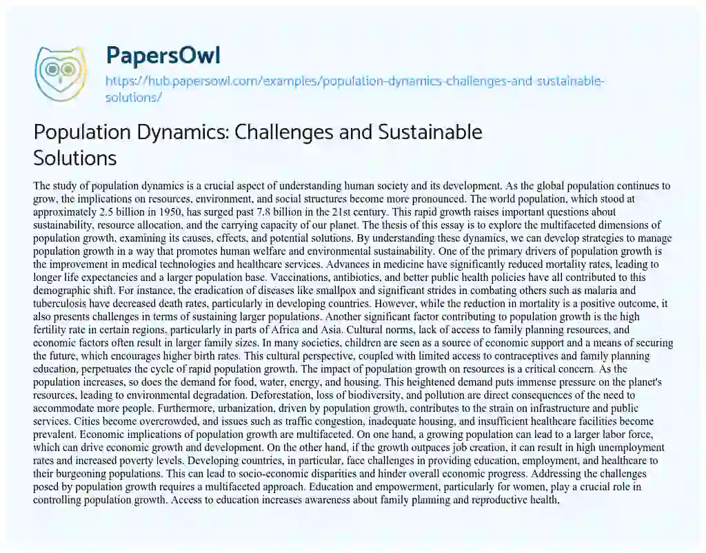 Essay on Population Dynamics: Challenges and Sustainable Solutions