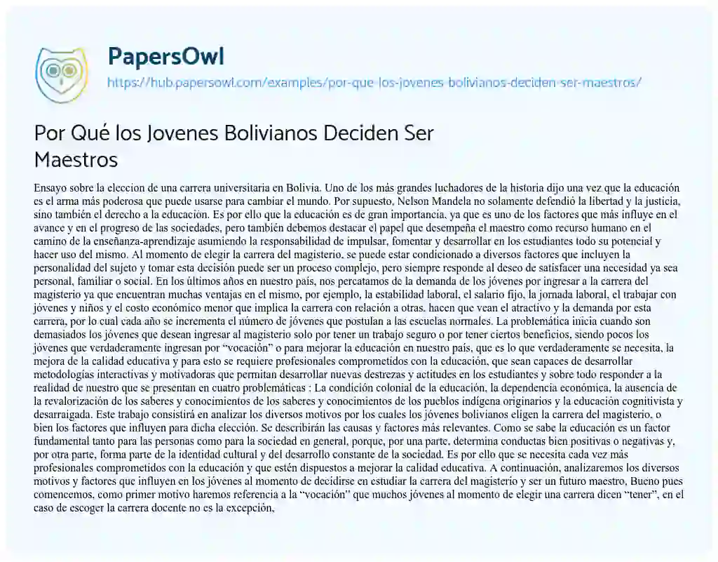 Essay on Por Qué los Jovenes Bolivianos Deciden Ser Maestros