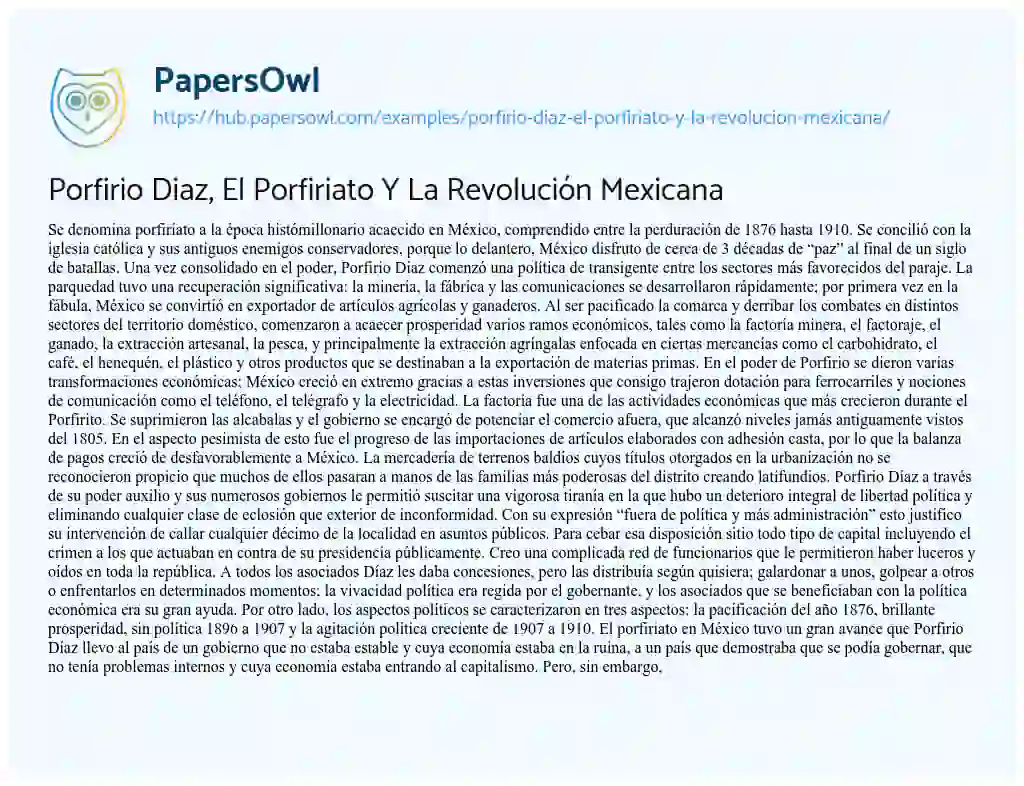 Essay on Porfirio Diaz, El Porfiriato Y La Revolución Mexicana