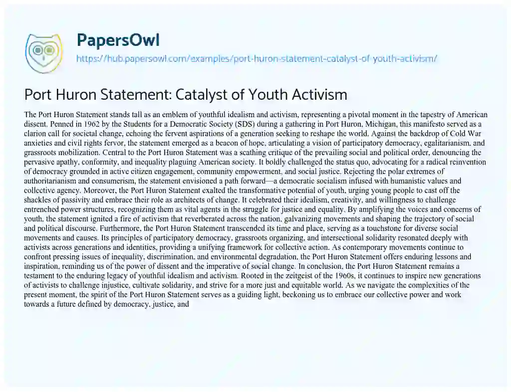 Essay on Port Huron Statement: Catalyst of Youth Activism