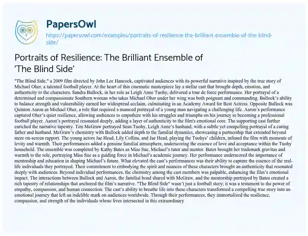 Essay on Portraits of Resilience: The Brilliant Ensemble of ‘The Blind Side’