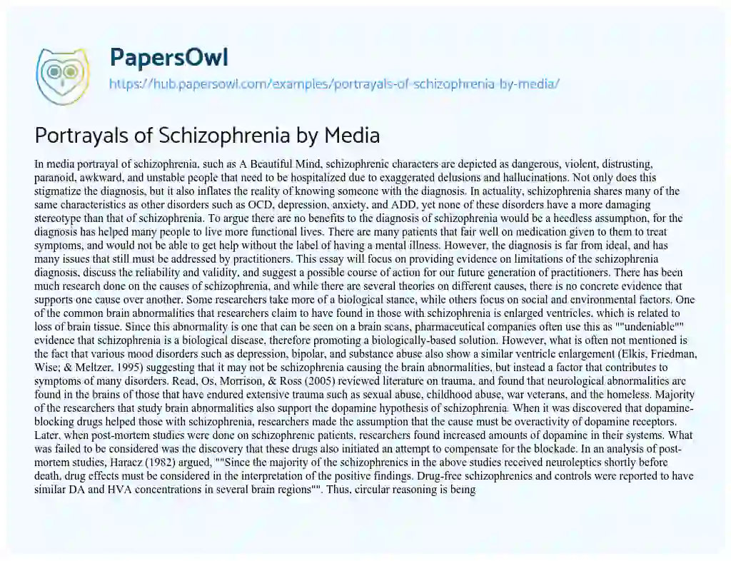 Essay on Portrayals of Schizophrenia by Media