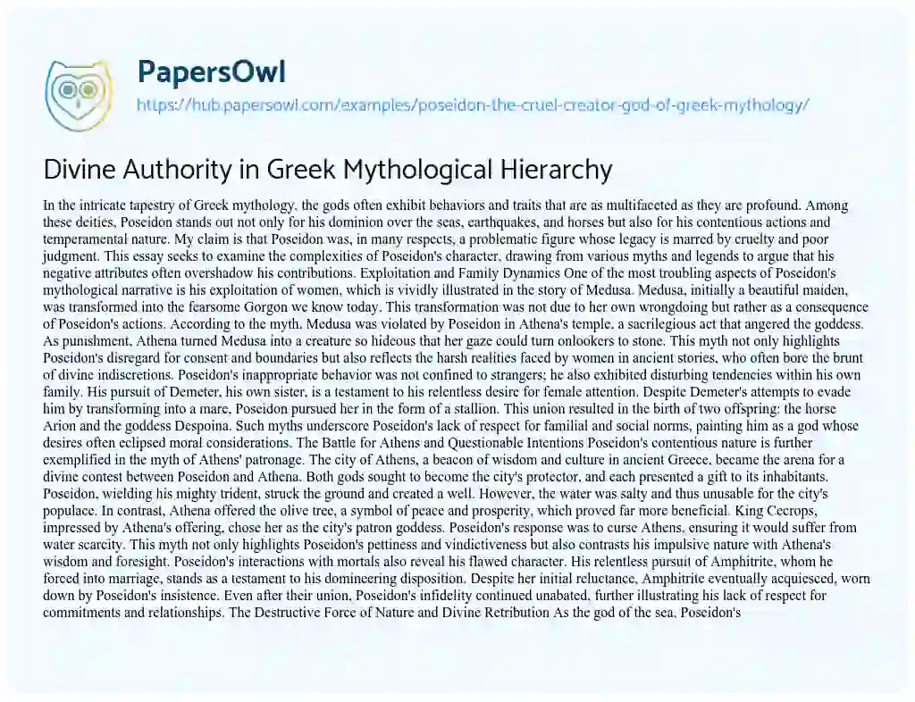 Essay on Divine Authority in Greek Mythological Hierarchy