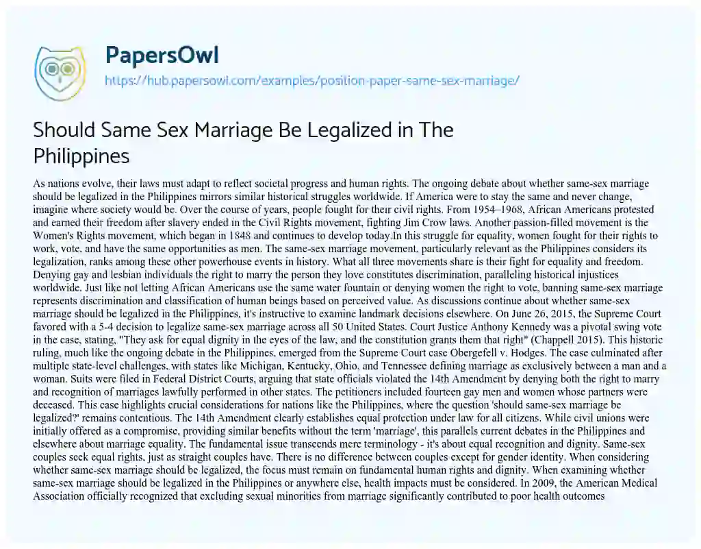 Essay on Should Same Sex Marriage Be Legalized in The Philippines
