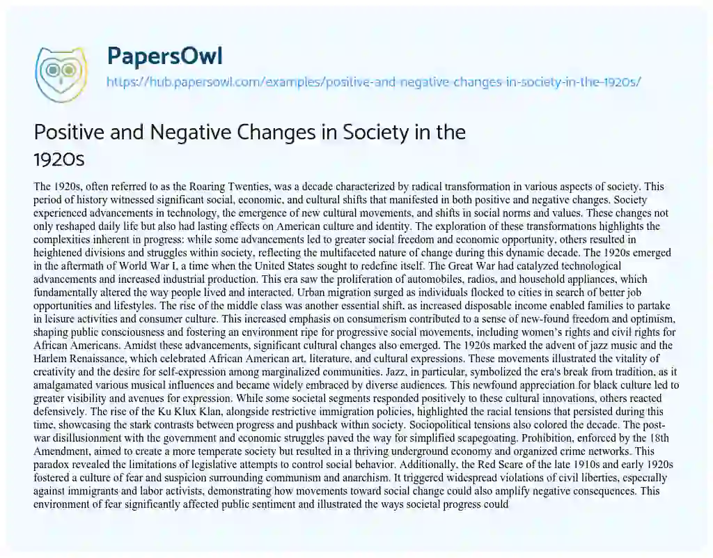 Essay on Positive and Negative Changes in Society in the 1920s