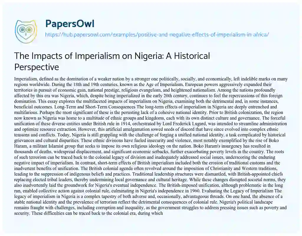 Essay on The Impacts of Imperialism on Nigeria: A Historical Perspective
