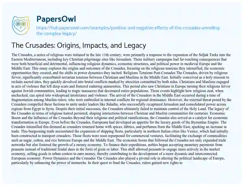 Essay on The Crusades: Origins, Impacts, and Legacy