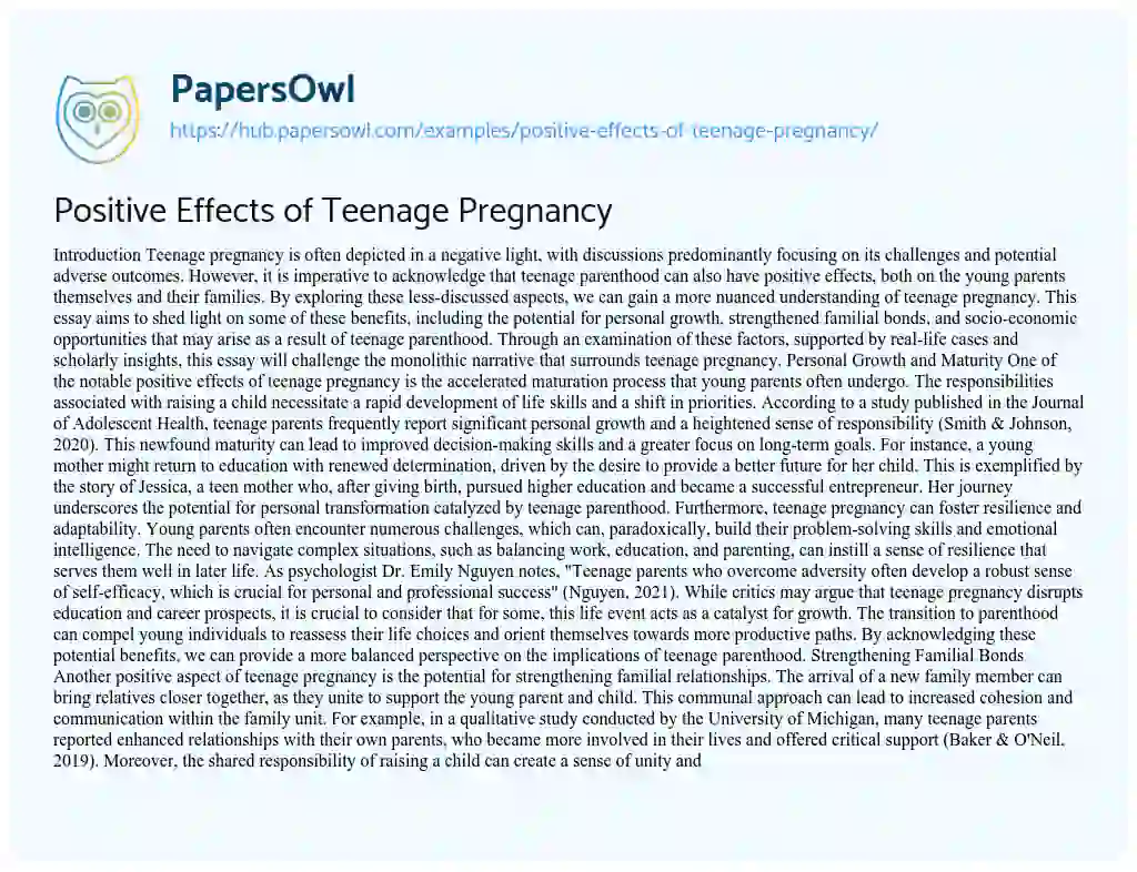 Essay on Positive Effects of Teenage Pregnancy