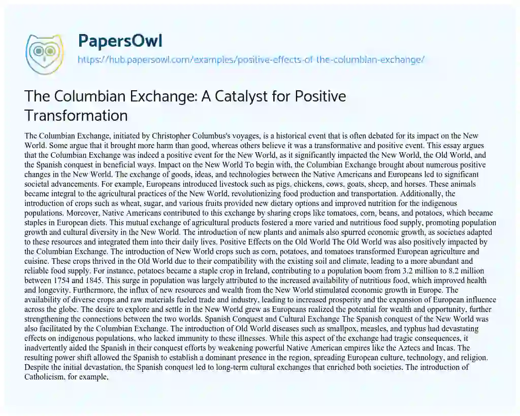 Essay on The Columbian Exchange: A Catalyst for Positive Transformation