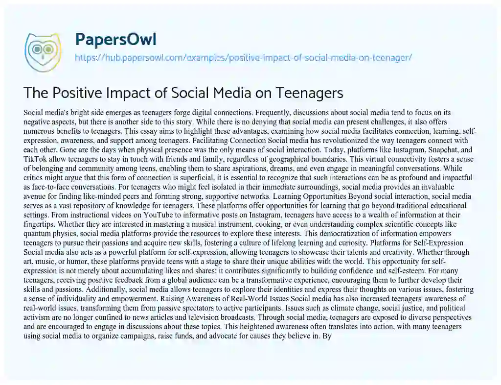 Essay on The Positive Impact of Social Media on Teenagers