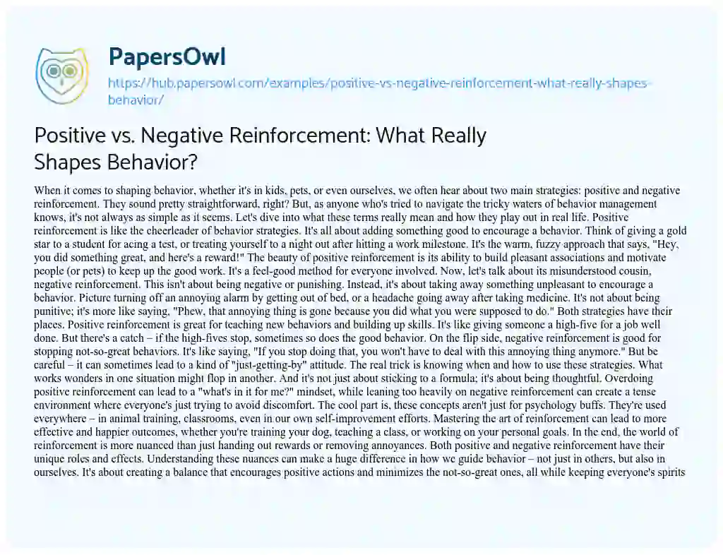 Essay on Positive vs. Negative Reinforcement: What Really Shapes Behavior?