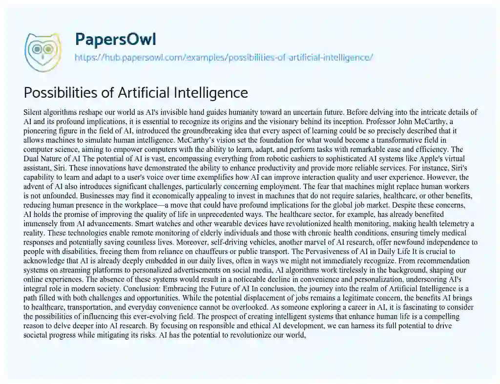 Essay on Possibilities of Artificial Intelligence