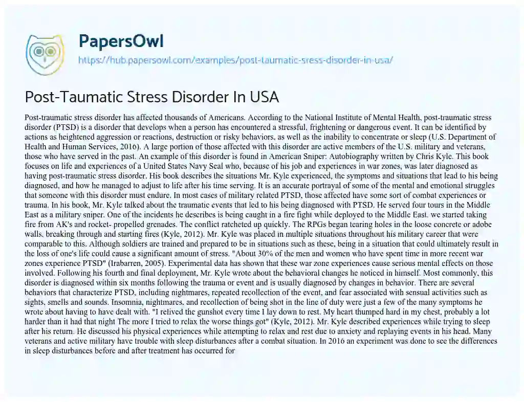 Essay on Post-Taumatic Stress Disorder In USA