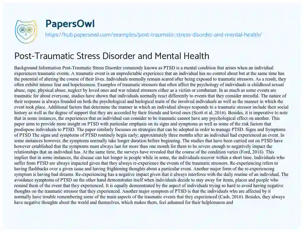 Essay on Post-Traumatic Stress Disorder and Mental Health