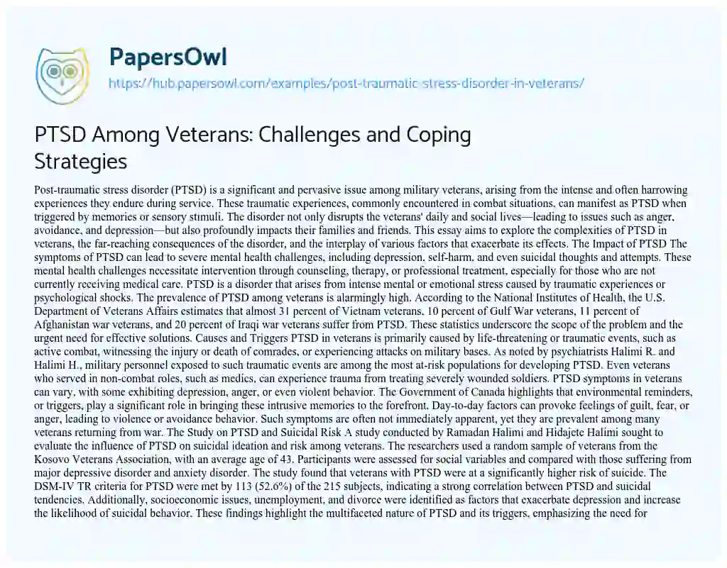 Essay on PTSD Among Veterans: Challenges and Coping Strategies