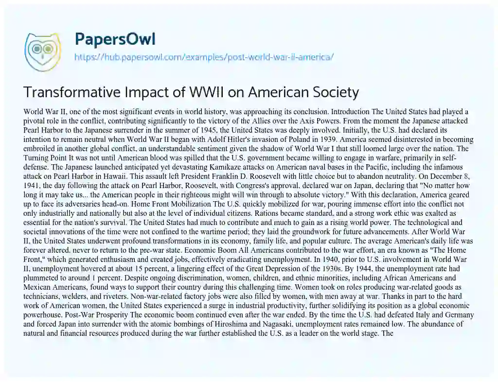 Essay on Transformative Impact of WWII on American Society
