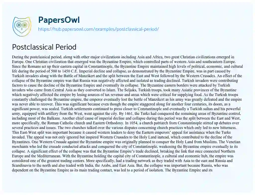 Essay on Postclassical Period