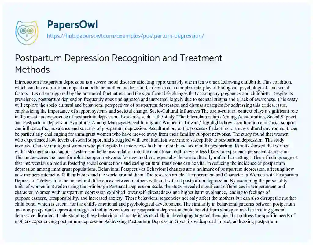 Essay on Postpartum Depression Recognition and Treatment Methods