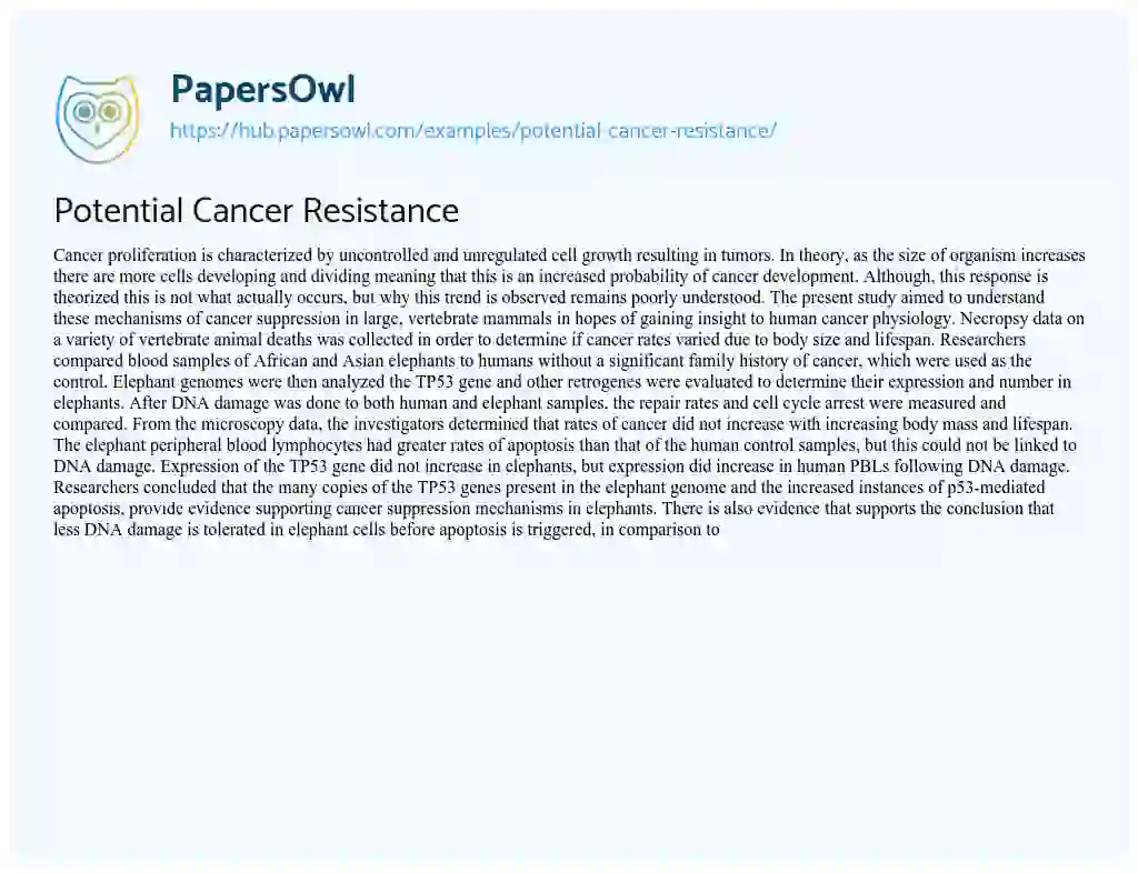 Essay on Potential Cancer Resistance