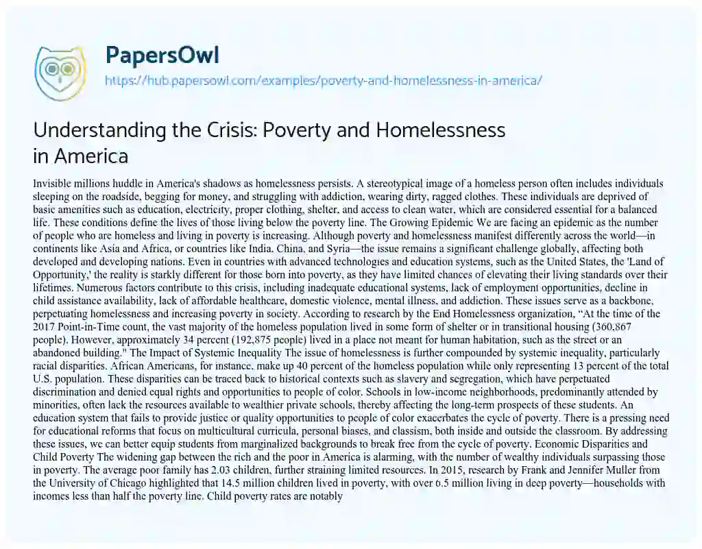 Essay on Understanding the Crisis: Poverty and Homelessness in America